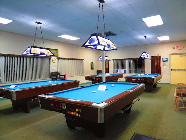 playroom with a drop ceiling, carpet floors, and pool table