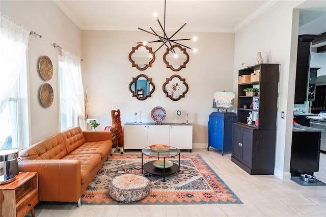 living room featuring a notable chandelier, a healthy amount of sunlight, and crown molding