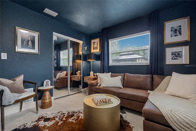 carpeted living room with a textured ceiling