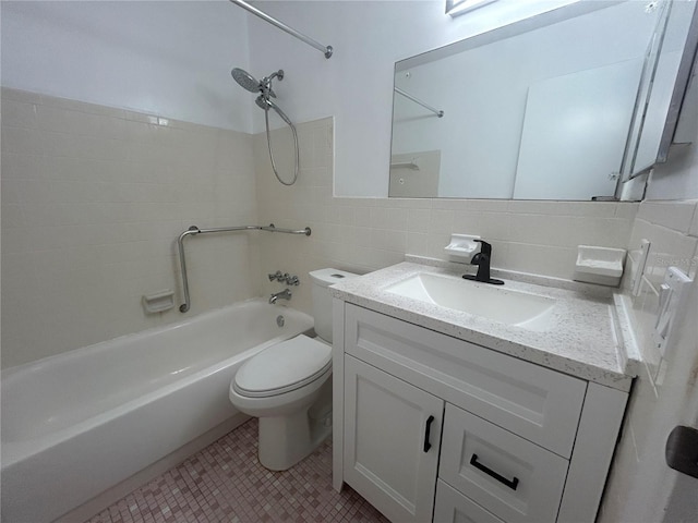 full bathroom featuring tasteful backsplash, vanity, tile walls, toilet, and bathing tub / shower combination