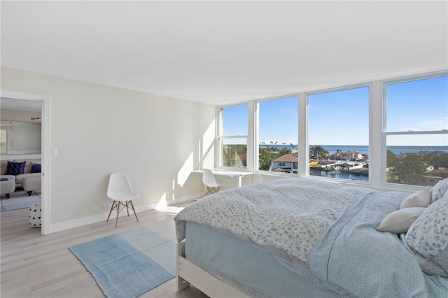 bedroom featuring a water view, a spacious closet, multiple windows, and light hardwood / wood-style floors