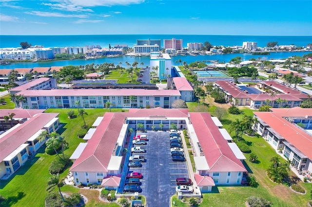 drone / aerial view with a water view