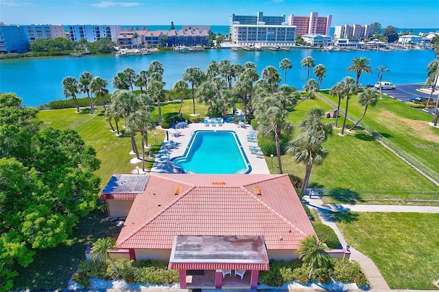 birds eye view of property featuring a water view