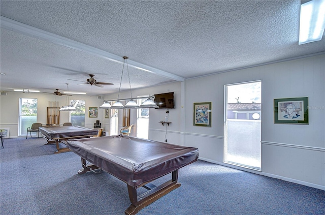 recreation room featuring ceiling fan, carpet floors, a textured ceiling, and pool table