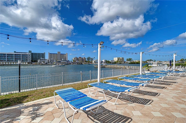 view of patio / terrace with a water view