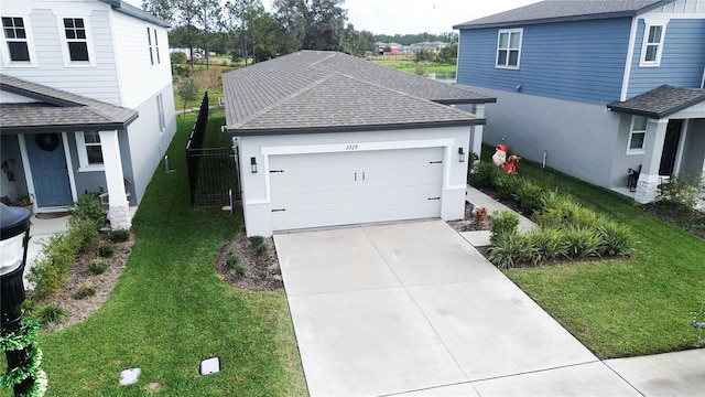 garage with a lawn