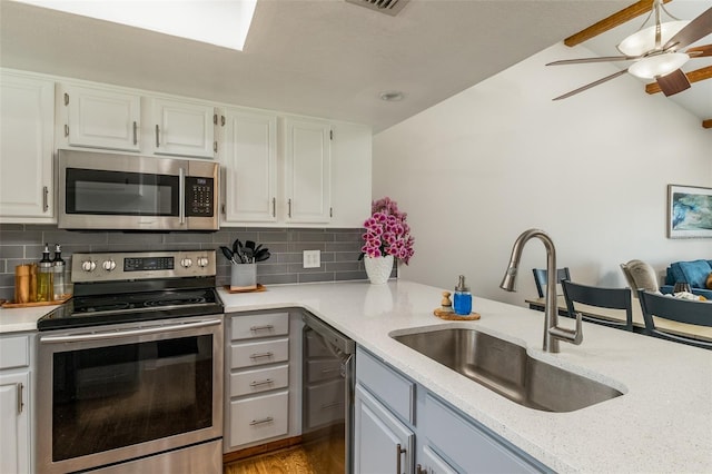 kitchen featuring decorative backsplash, white cabinetry, sink, and stainless steel appliances