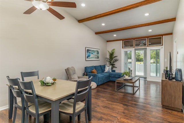 dining area with vaulted ceiling with beams, dark hardwood / wood-style floors, and ceiling fan