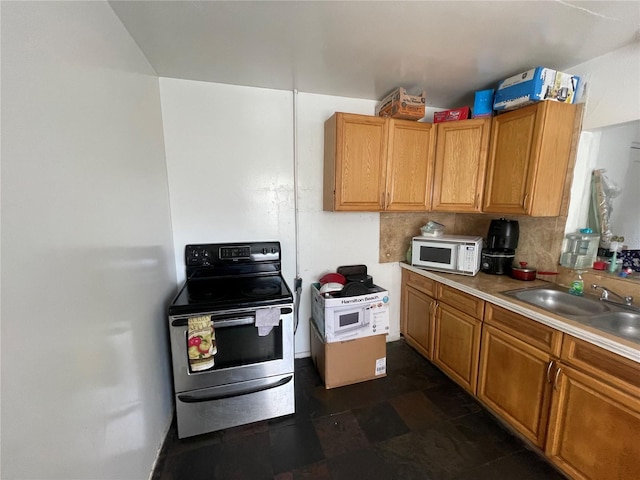 kitchen featuring tasteful backsplash, stainless steel electric range oven, and sink