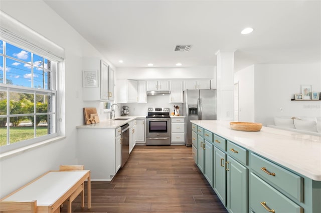 kitchen featuring stainless steel appliances, dark wood-type flooring, sink, green cabinetry, and white cabinetry