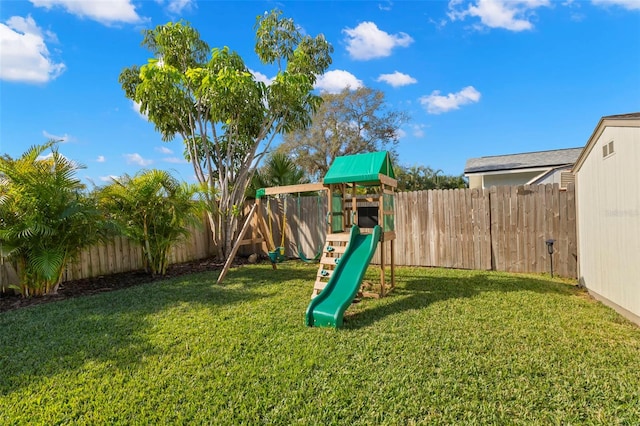 view of jungle gym featuring a yard