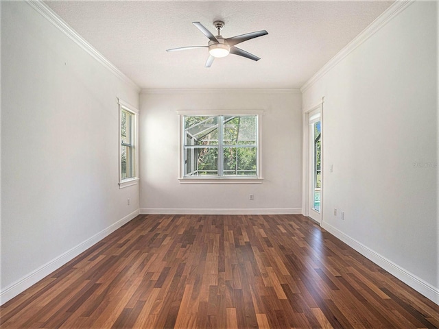 unfurnished room featuring a textured ceiling, dark hardwood / wood-style floors, ceiling fan, and crown molding