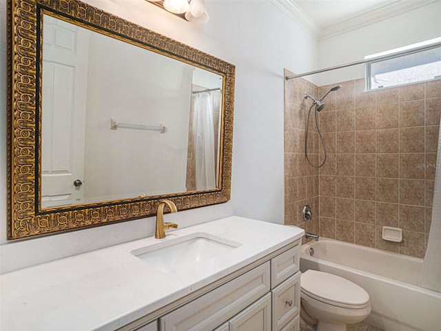 full bathroom featuring vanity, shower / bath combination with curtain, toilet, and ornamental molding