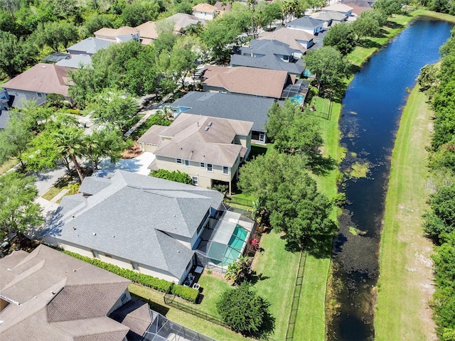 drone / aerial view with a water view