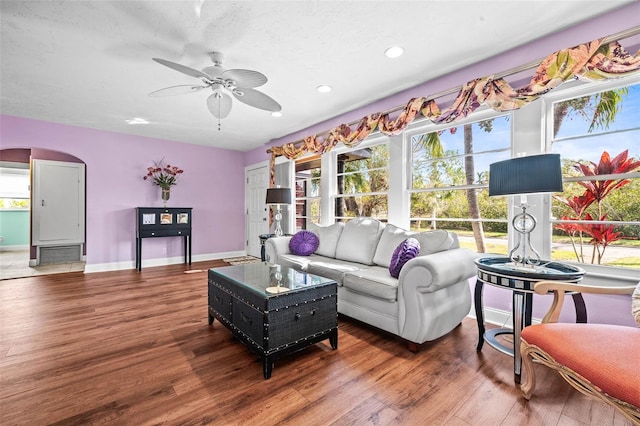 living room featuring plenty of natural light, ceiling fan, and wood-type flooring