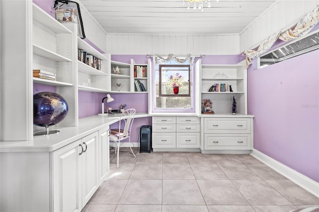 tiled home office with wood ceiling