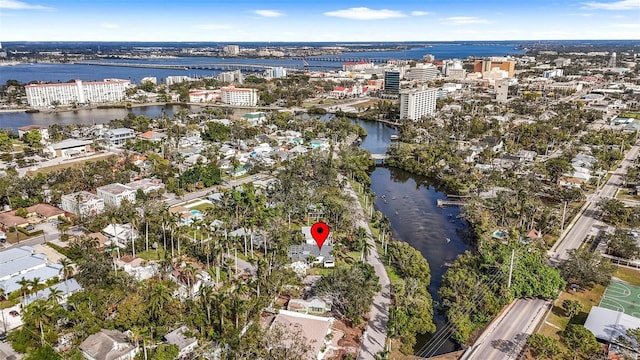 drone / aerial view featuring a water view