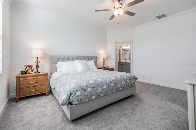 bedroom with light carpet, ensuite bath, ceiling fan, and crown molding