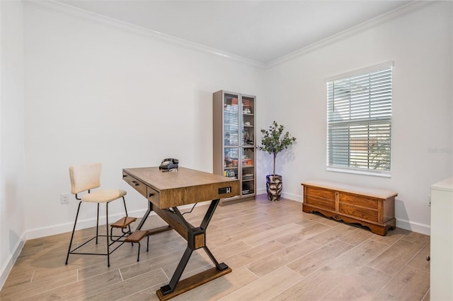 office space with hardwood / wood-style flooring and ornamental molding