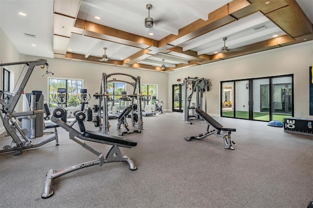 workout area with ceiling fan and coffered ceiling