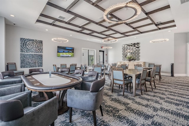 carpeted dining room with beam ceiling, coffered ceiling, and an inviting chandelier