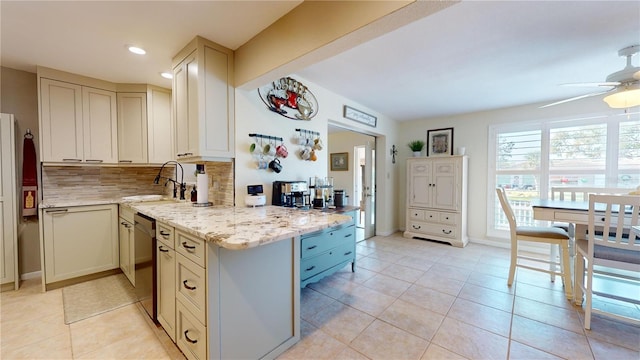 kitchen featuring dishwasher, sink, ceiling fan, tasteful backsplash, and light stone counters