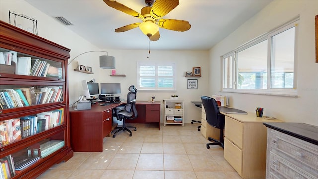 office area featuring ceiling fan and light tile patterned floors