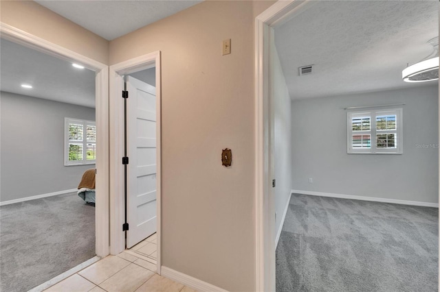 hallway featuring a healthy amount of sunlight, light colored carpet, and a textured ceiling