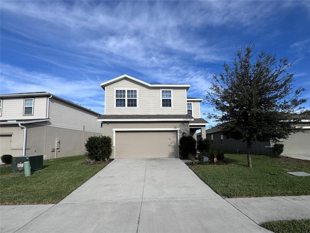 view of front property featuring central AC unit, a garage, and a front lawn