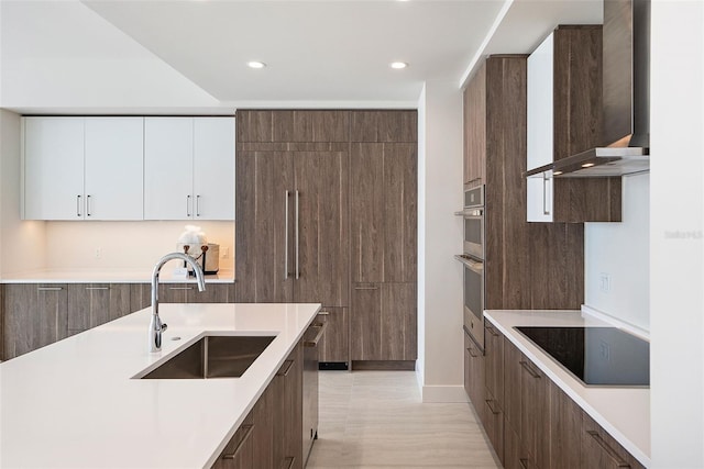 kitchen with wall chimney exhaust hood, sink, white cabinets, and stainless steel appliances