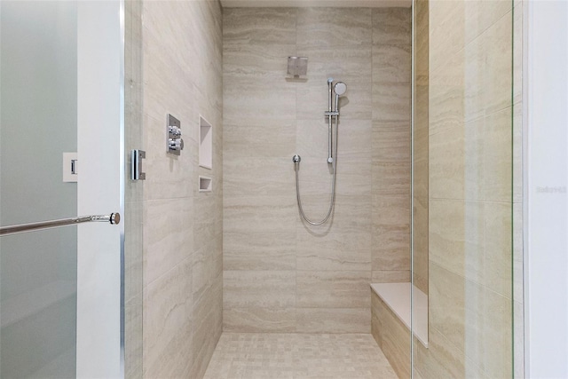 bathroom featuring a shower with shower door