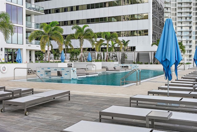 view of swimming pool with a patio