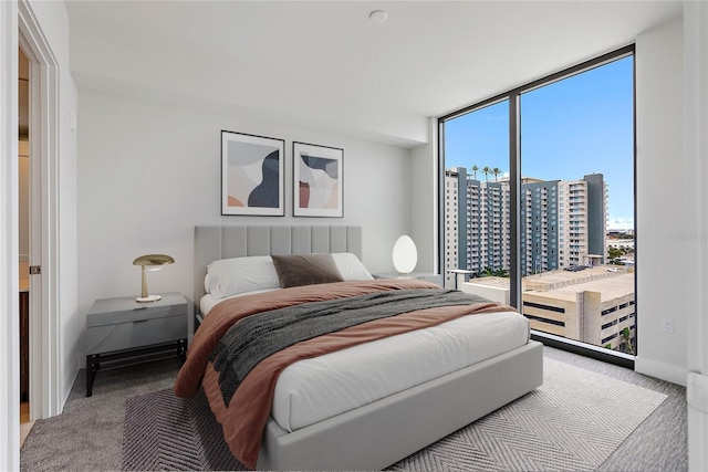 bedroom featuring carpet, floor to ceiling windows, and multiple windows