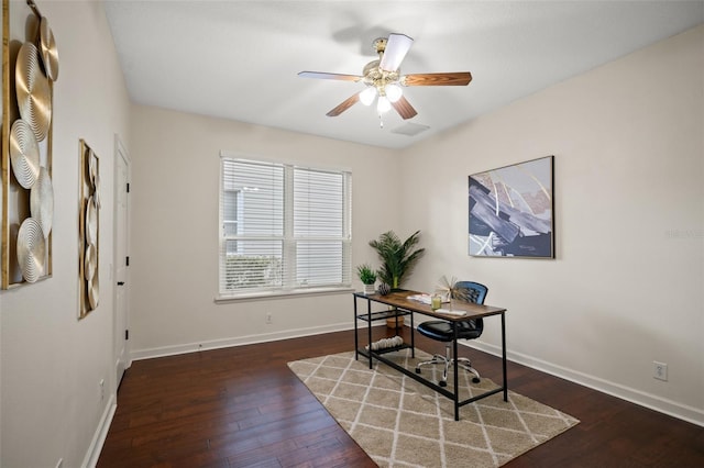 office space with ceiling fan and dark wood-type flooring