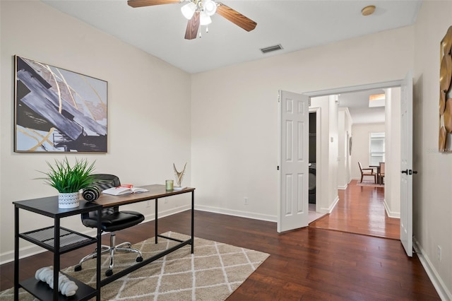 office area featuring ceiling fan and dark wood-type flooring