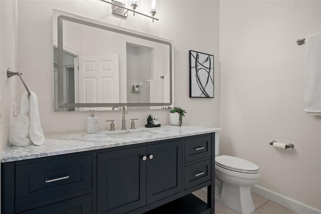 bathroom featuring walk in shower, tile patterned flooring, vanity, and toilet