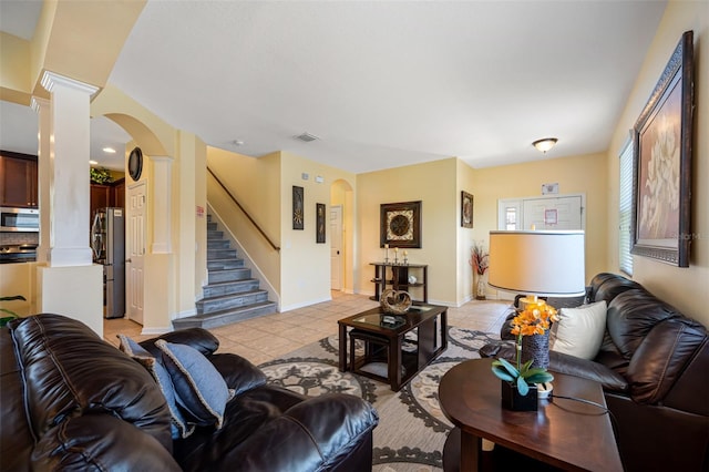 living room featuring light tile patterned floors