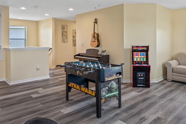 playroom with recessed lighting, baseboards, and wood finished floors