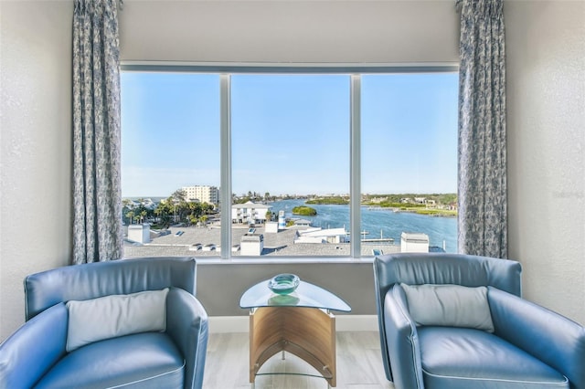 living area with light wood-type flooring, a wealth of natural light, and a water view