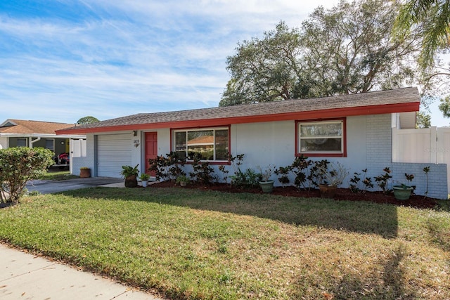 ranch-style house with an attached garage, brick siding, fence, concrete driveway, and a front yard