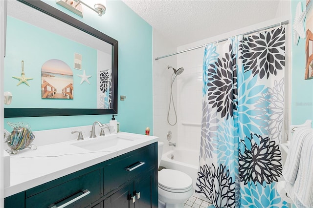 full bathroom featuring tile patterned flooring, a textured ceiling, toilet, vanity, and shower / tub combo