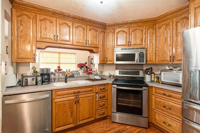 kitchen with sink, appliances with stainless steel finishes, and dark hardwood / wood-style flooring