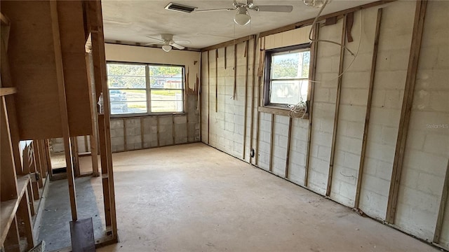 misc room with ceiling fan and concrete floors