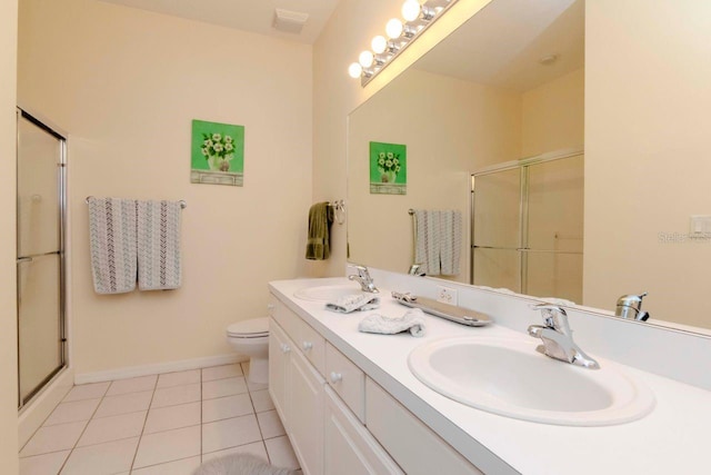 bathroom featuring tile patterned flooring, vanity, a shower with shower door, and toilet