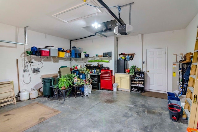 garage with gas water heater and a garage door opener