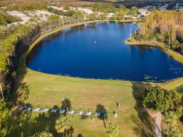 drone / aerial view with a water view