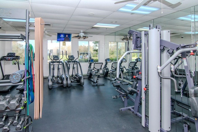 gym featuring a paneled ceiling and ceiling fan