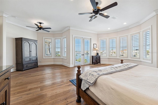 bedroom with access to exterior, ornamental molding, hardwood / wood-style flooring, and ceiling fan