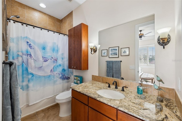 full bathroom with tile patterned flooring, toilet, shower / tub combo, ceiling fan, and vanity