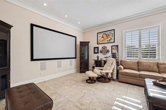 cinema featuring ornamental molding and a textured ceiling